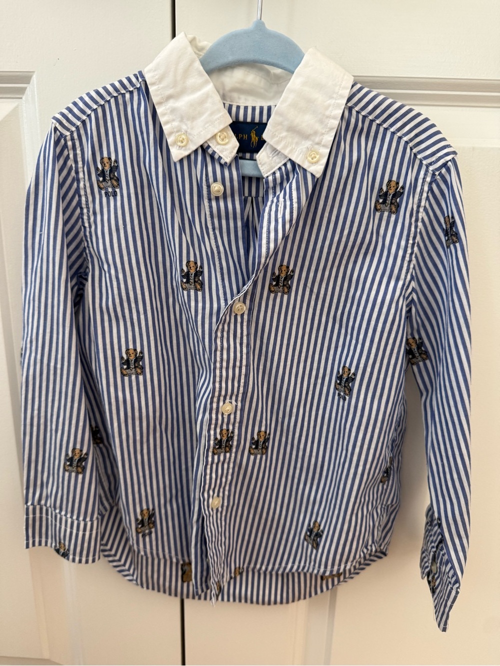 Ralph Lauren Blue & White Striped Button-Down with Embroidered Bear Motifs